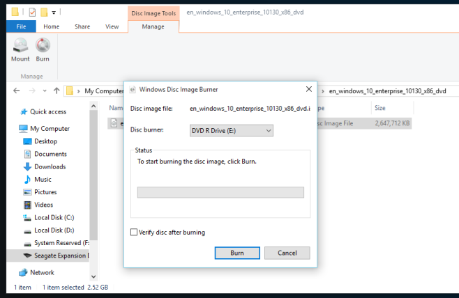 how to burn an iso image of windows 10