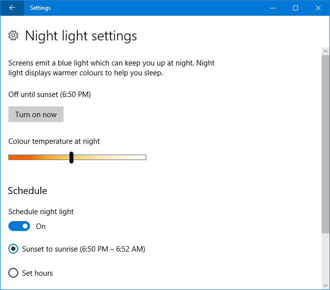 Windows 10 inbuilt Night Light versus f.lux