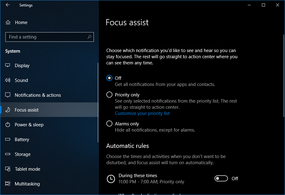 focus assist Windows 10 April 2018 Update